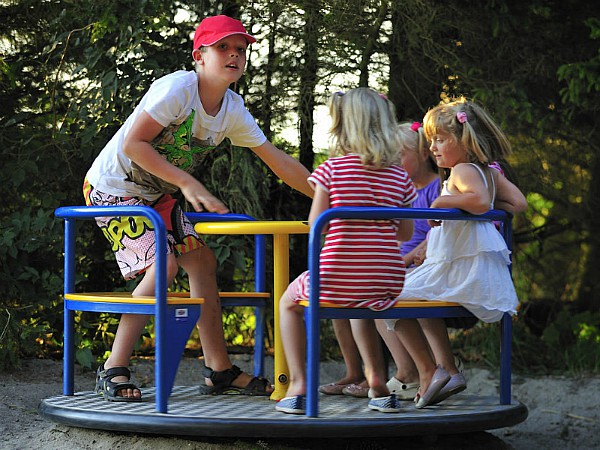 De kinderen hebben plezier in de speeltuin draaimolen