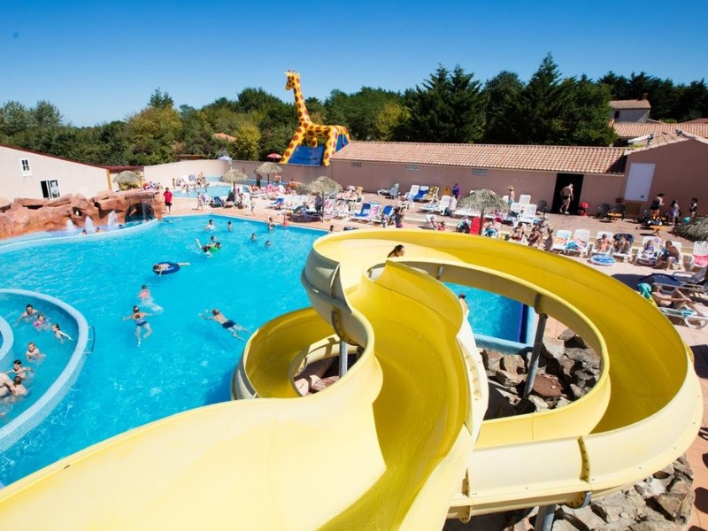 Kids glijden van de waterglijbaan in het aquapark op de camping