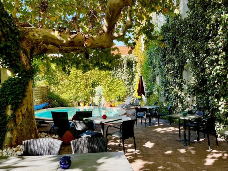 het terras en zwembad
