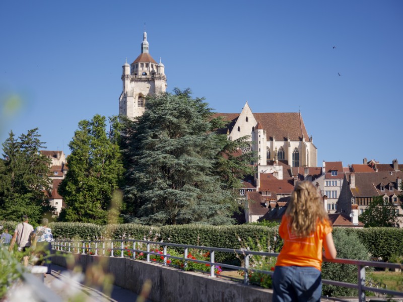 Elisabeth op een brug in Dole met uitzicht op de Notre-Dame in Dole Elisabeth op een brug in Dole met uitzicht op de Notre-Dame in Dole