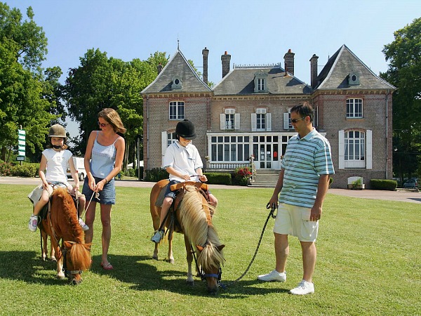 Pony's voor het kasteel op de kasteelcamping