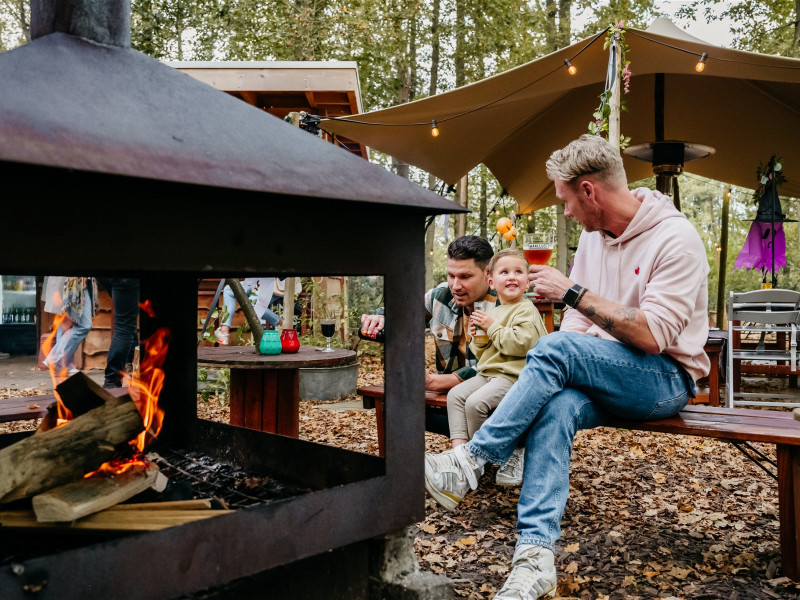 Bij de vuurplaats bij TinyParks The Forest Cabins