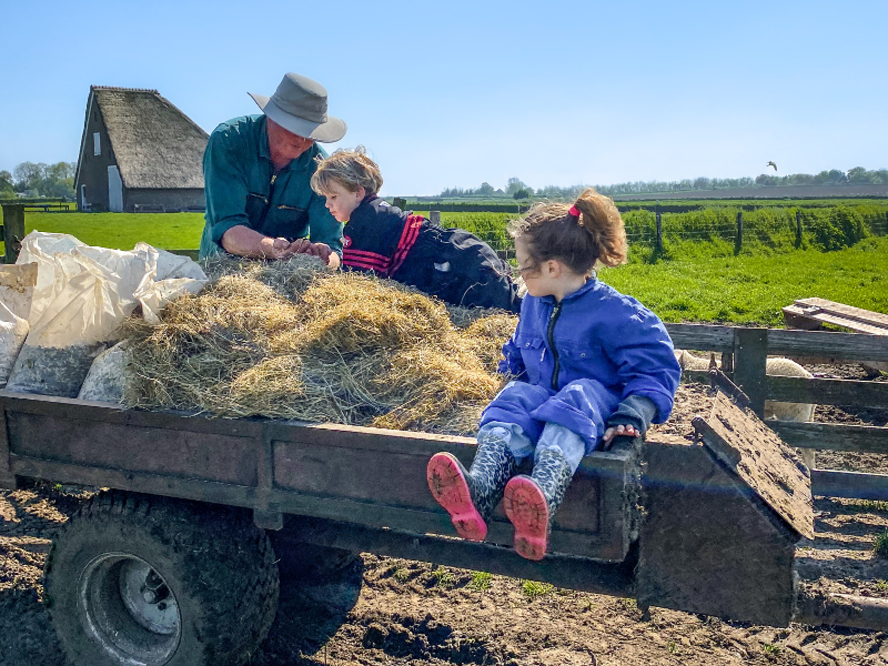 De kids krijgen uitleg over de verschillende soorten voer voor schapen en lammetjes