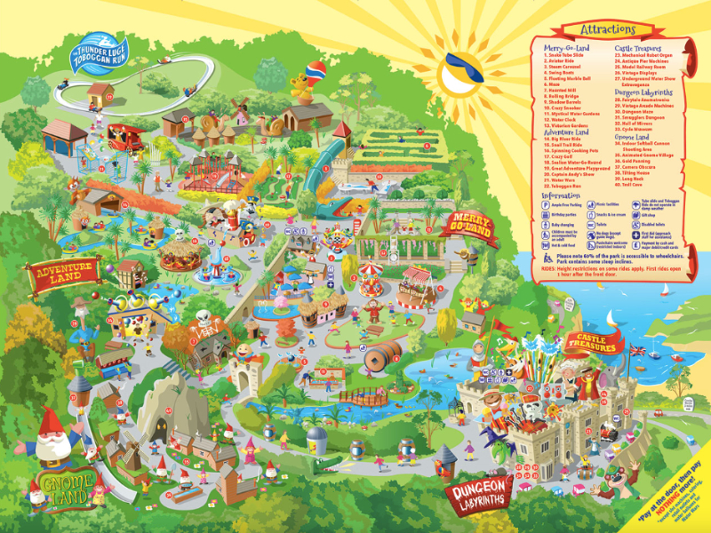 De kaart van het kindvriendelijke pretpark Watermouth Castle