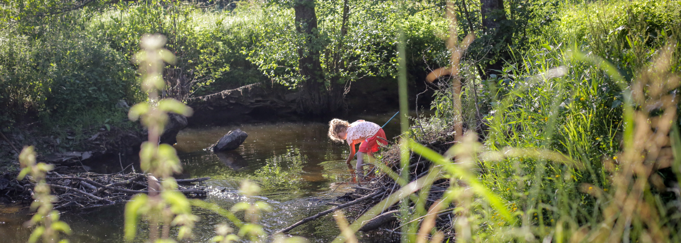 kind speelt in een beekje wat over Landal Glampingpark Neufchateau in de Ardennen loopt.