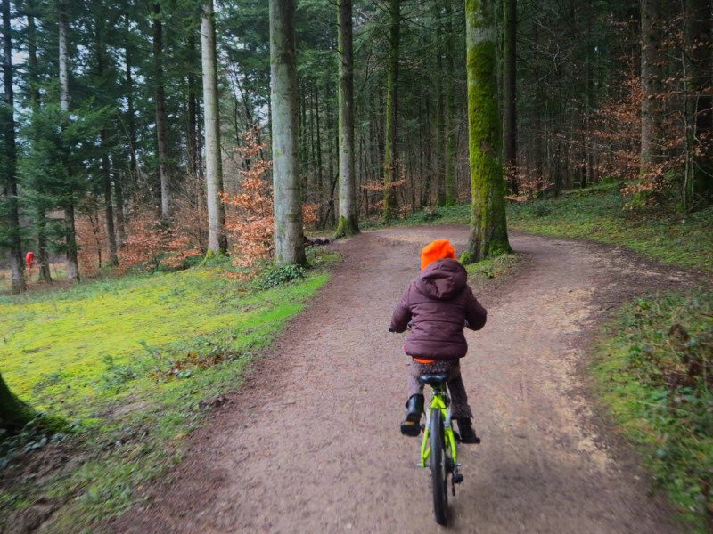 Mountainbiken over het park van Les Trois Forêts. De bosrijke omgeving is heel geschikt voor fietsen, wandelen en buiten spelen.