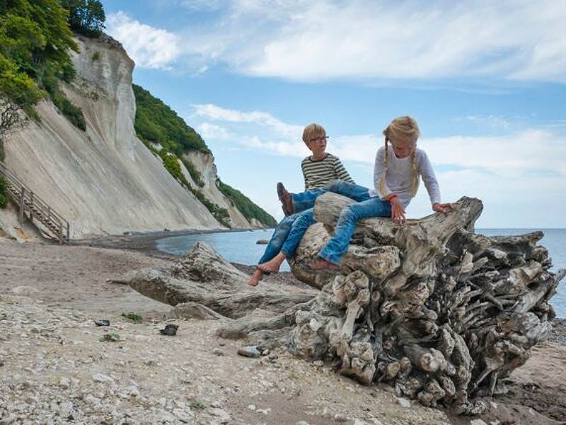 Kinderen op het strand bij Mons Klint, eiland met geweldige witte krijtrotsen in Denemarken.