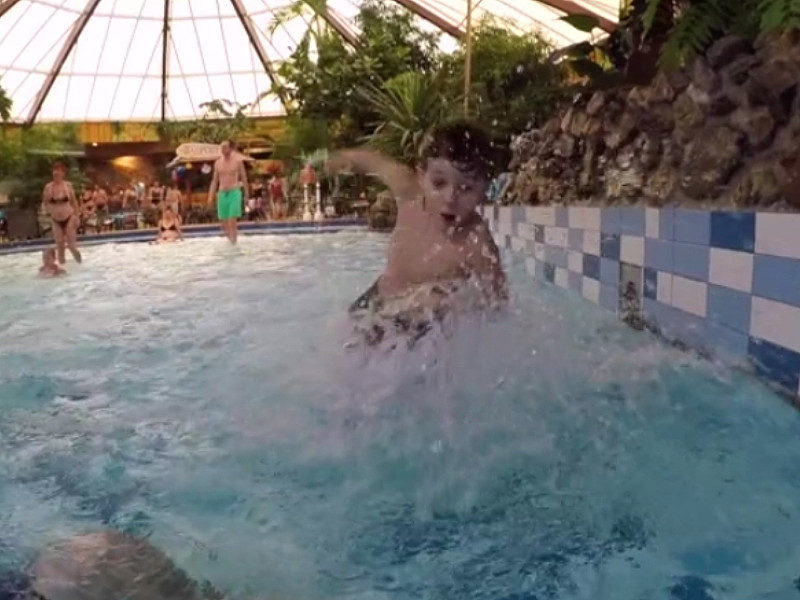 Duuk stormt het zwembad in