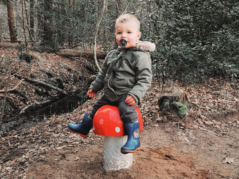 Zittend op een paddestoel met witte stippen