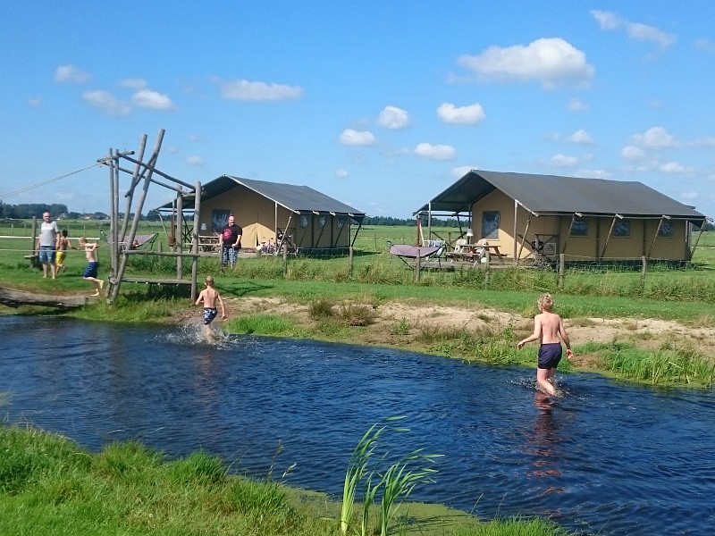 Zeb in Tycho in de waterspeelweide van FarmCamps Stolkse Weide