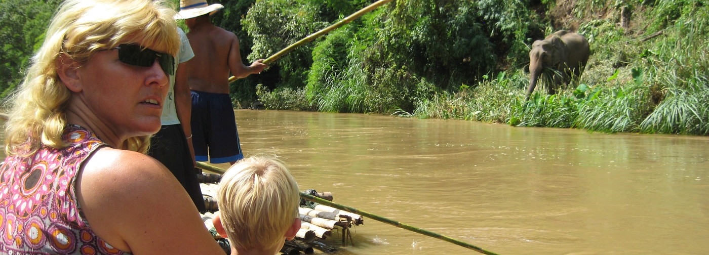 We zien een olifant tijdens een vaartocht op een vlot dichtbij Chiang Mai