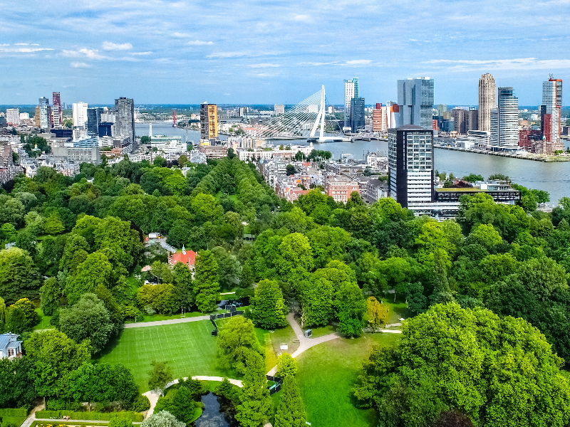 Uitzicht over Het Park nabij de Euromast, over de Erasmusbrug en Rotterdam