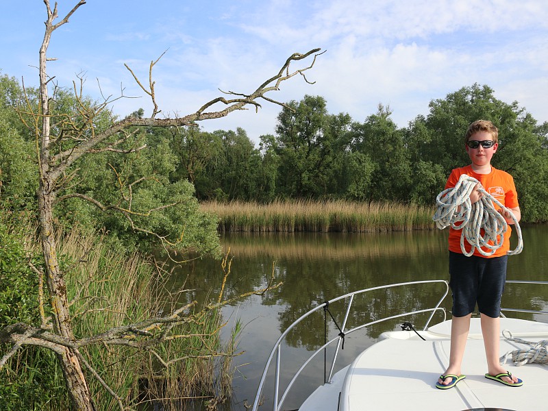Onze afmeerplek in De Biesbosch....aan de tak van een boom!