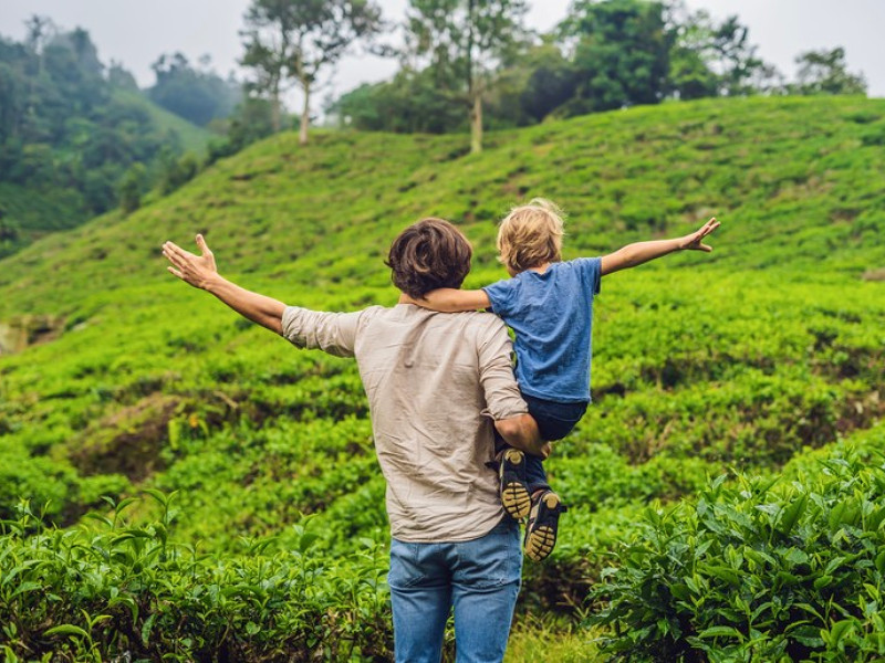 Vader en zoon in de theeplantage op Maleisië