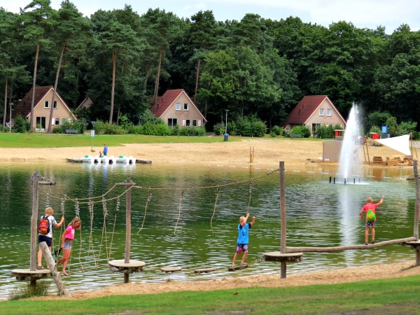 De kinderen doen het Low Ropes parcours langs het meer