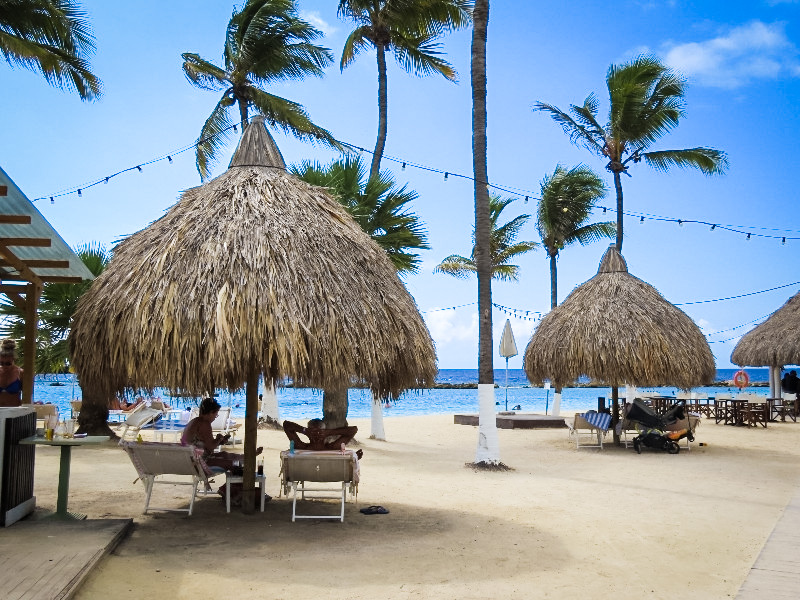 De ligbedjes op het strand van Mangrove Beach Resort