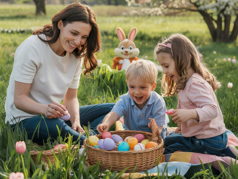 Moeder met de kinderen aan de picknick met paaseieren