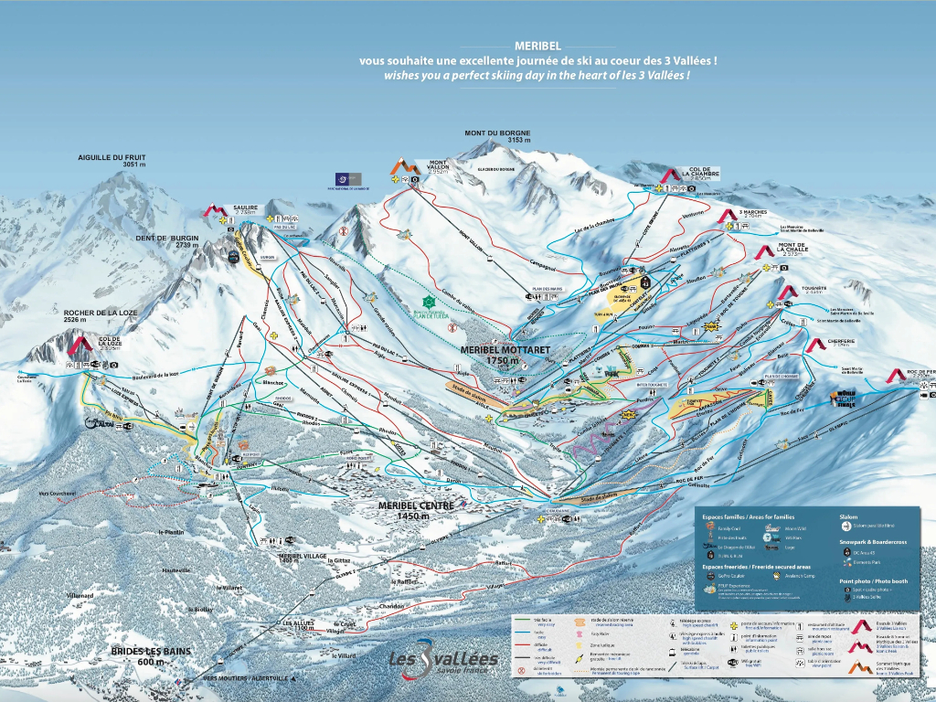 De pistekaart van Meribel. Je ziet hierop ook het Plan de Tuéda liggen.