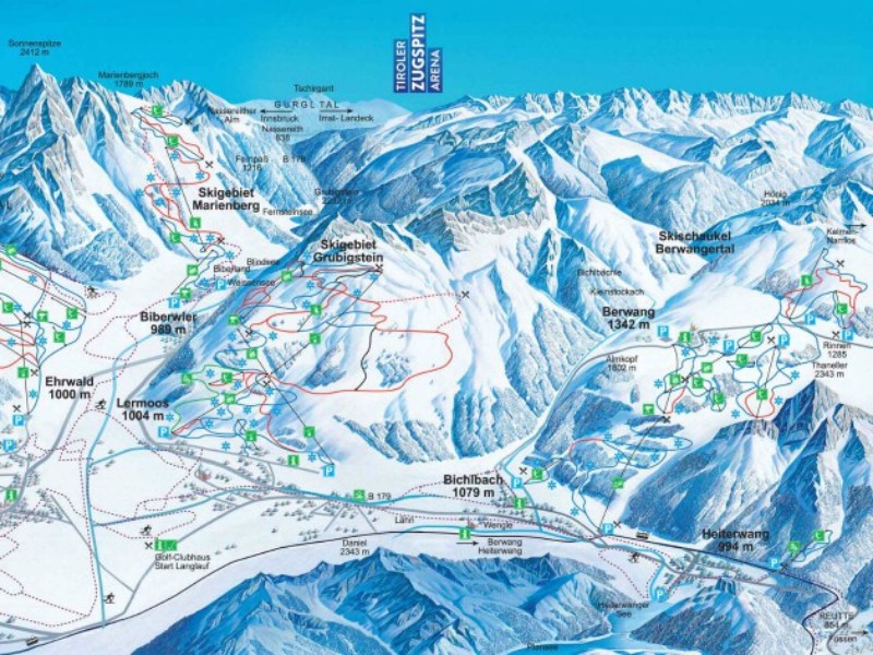 Een deel van de pistekaart van de 144 km piste van de Zugspitz Arena, met in het midden en rechts de gebieden Lermoos en Berwang, bij uitstek geschikt voor kinderen en gezinnen