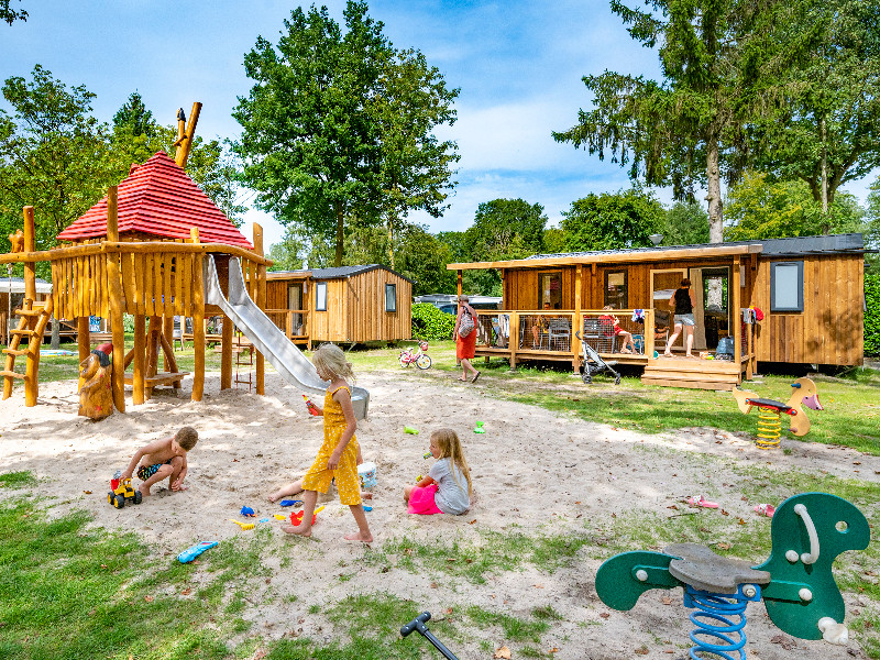 Rakelbos chalets met speeltoestel ervoor