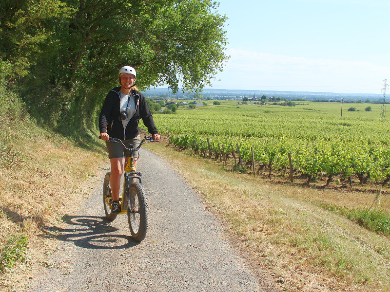 Sabine op de elektrische step tussen de wijnvelden