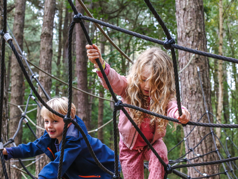 De kinderen van Elisabeth klimmen in het speelbos in Noordwijk