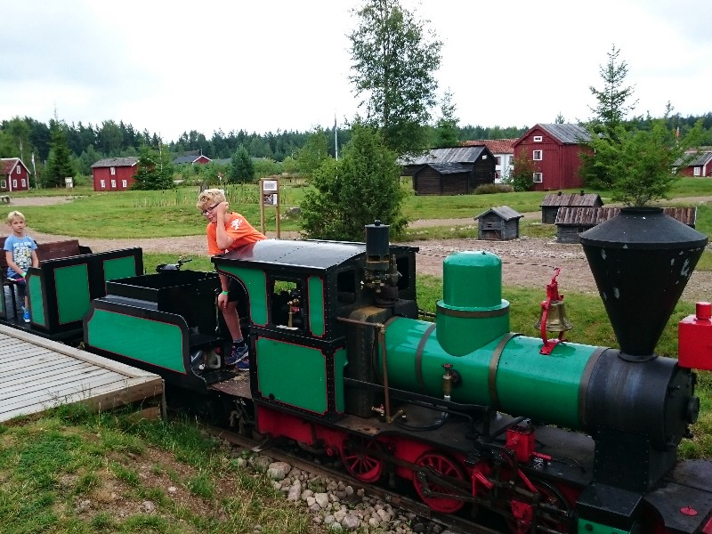De jongens in de miniatuur stoomtrein
