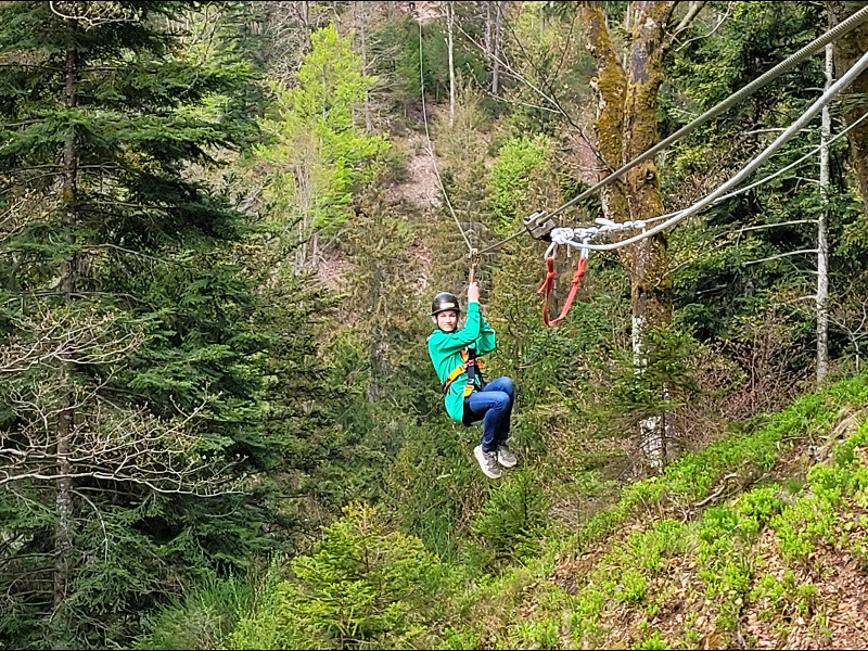 Tycho zoeft boven de toppen van de bomen bij The Hirschgrund Zipline