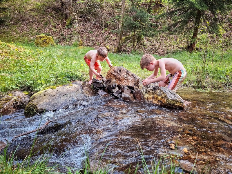 Dammen bouwen in het beekje