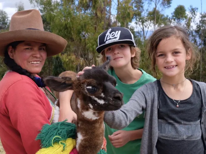 kinderen, lama, vrouw Peru