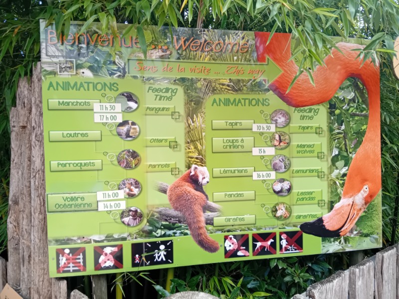 Informatiebord met voedertijden en activiteiten er op.